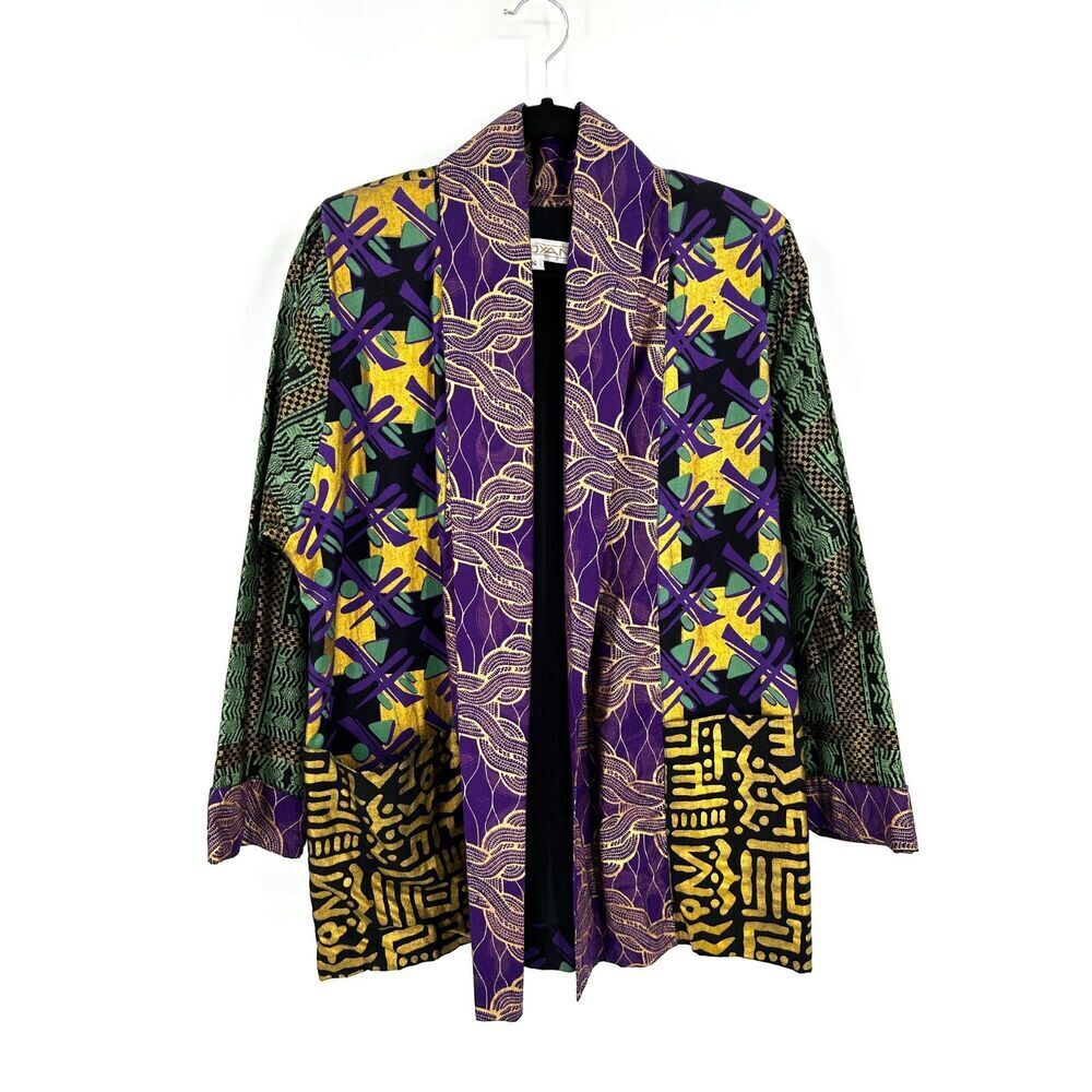 VIKI DYAN Vintage Purple Gold Teal Oversized Open Cardigan Jacket Top Size Small